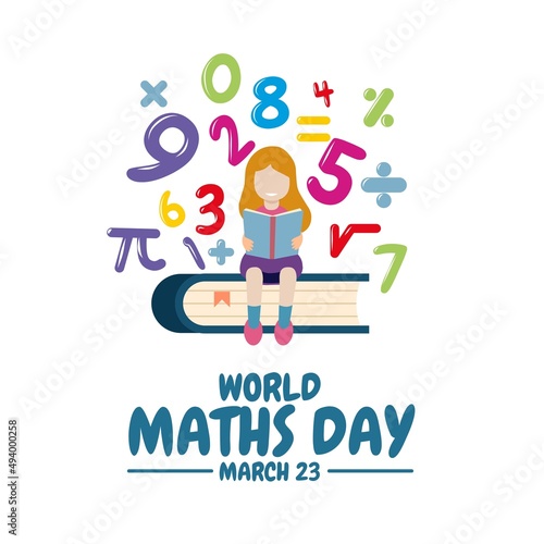 Vector illustration of little girl studying, with floating math numbers and symbols, as a banner or poster, World Maths Day.