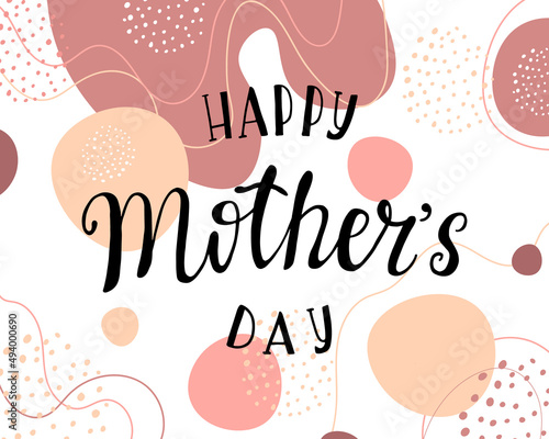 A greeting card for Mother's Day. Vector banner on a white background with abstract shapes, lines, dots. Abstract background in pink and peach tones
