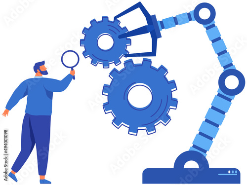 Businessman conducting experiments with mechanical arm. Artificial intelligence for startup development. Robotic arm for lifting weights, production work. Modern technologies for new business project