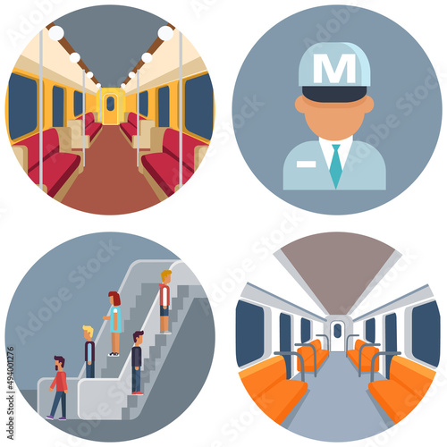 Set with moving staircase, passenger seats, subway train driver icons for website infographics. Trains of subway, high speed public transport metro. Metro station symbols vector illustration