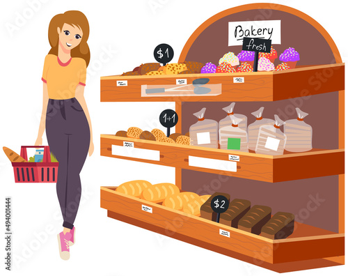Woman with shopping cart in supermarket. Lady during shopping, customer in mall, retail store. Girl chooses pastries, bread at grocery store. Female character looking at bakery in hypermarket