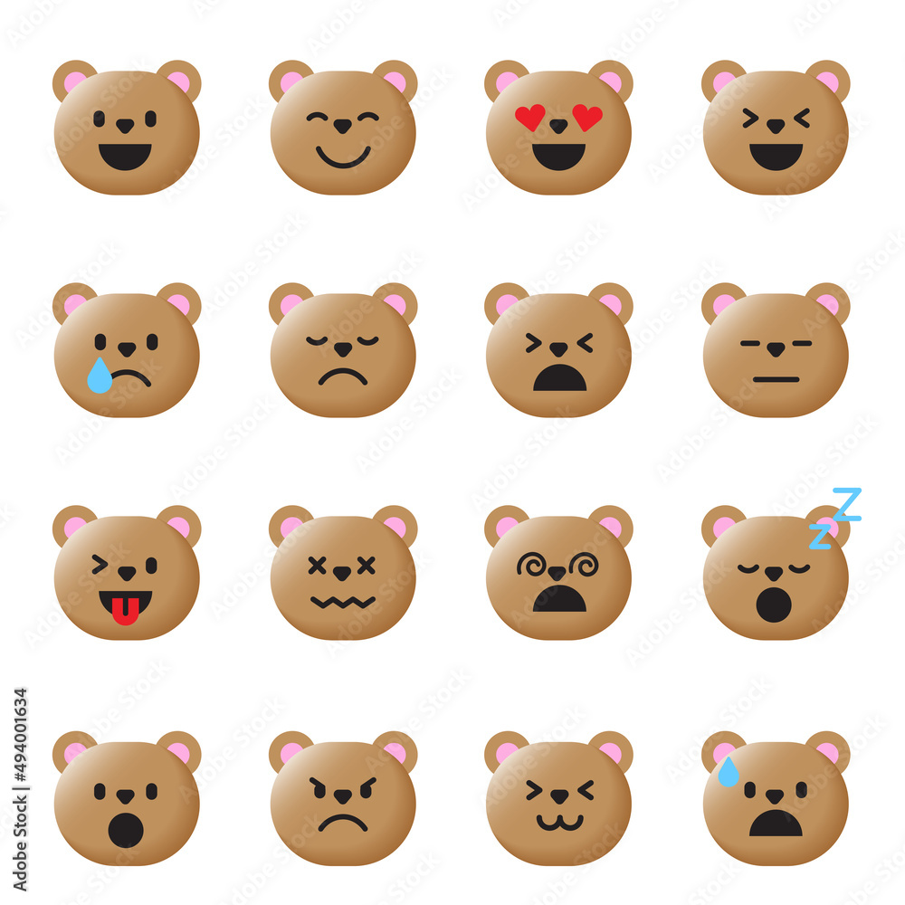 Set of Various Cute Cartoon Brown Bear Teddy Pet Animal Face Emoji Emotion 3D Flat Isolated Sign Symbol Set of Various Cute Cartoon Brown Bear Teddy Pet Animal Face Emoji Emotion 3D Flat Isolated Sign Symbol