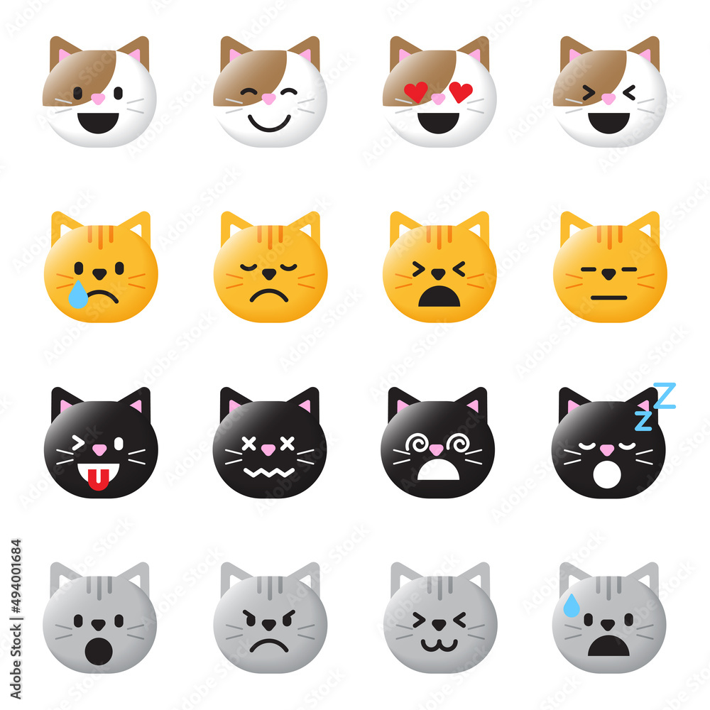 Set of Various Cute Cartoon Cat Kitten Kitty Meow Maew Pet Animal Face Emoji Emotion 3D Flat Isolated Sign Symbol