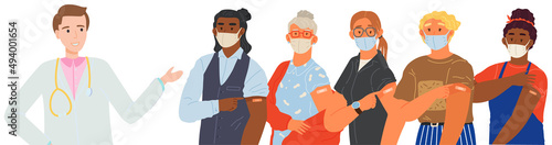 Stop coronavirus agitation concept. Vaccination promo, immunization of workers. Vaccine saves lives. People wearing protective mask showing their arm with bandage after receiving covid-19 vaccine