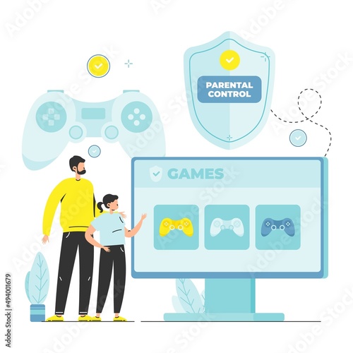 Parental control for kids gaming, vector illustration.