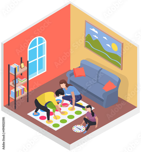 Happy children playing board game with parents, have fun at home. Family entertainment scenes. People sit together at table or on floor in living room play games. Parents and kids in everyday life