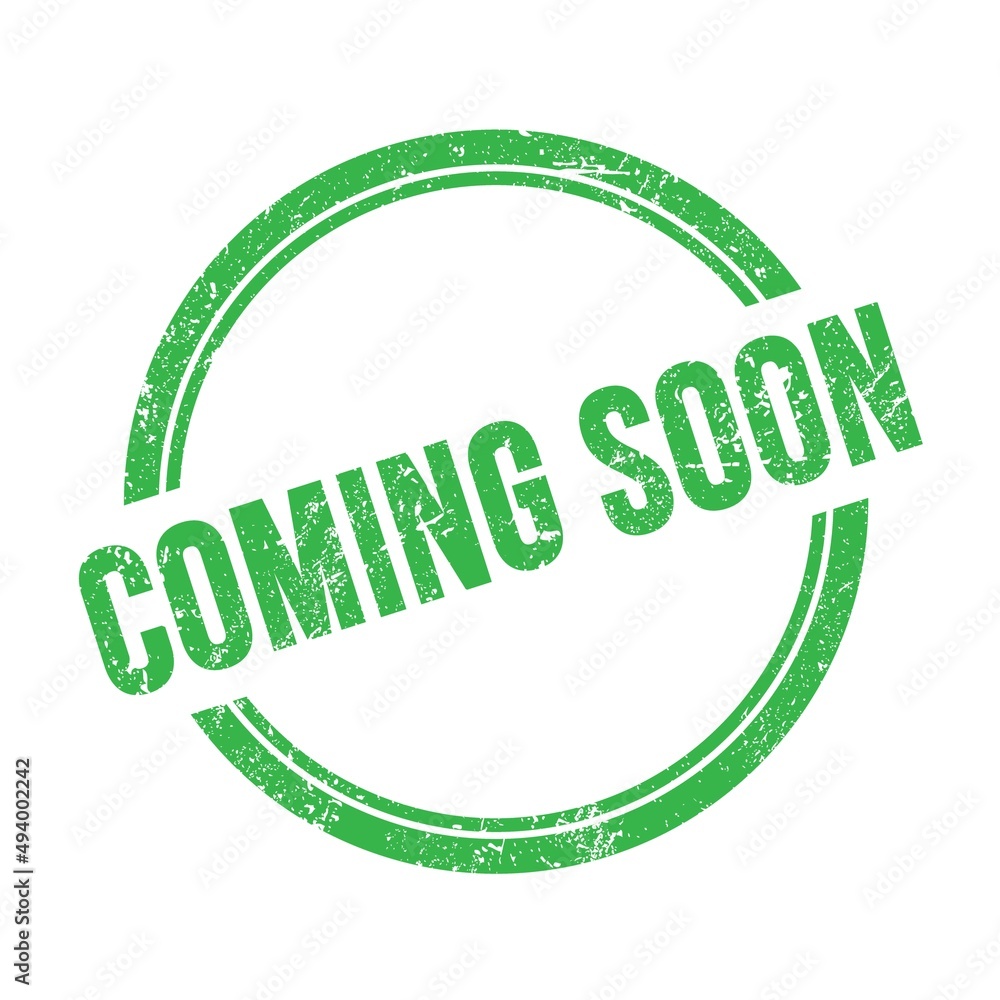COMING SOON text written on green grungy round stamp. COMING SOON text written on green grungy round stamp.