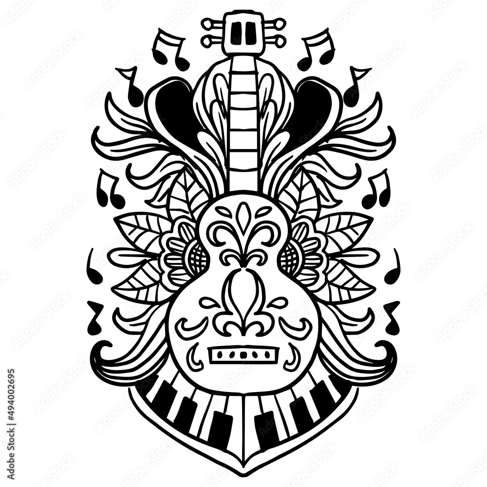 Hand drawing acoustic guitar with flower ornament Hand drawing acoustic guitar with flower ornament