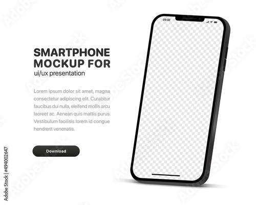 3d high quality vector smartphone mockups. Ultra realistic mobile device UI UX mockup for presentation template. 3d isometric phone with different angles views. Cellphone frame with  fillable field.