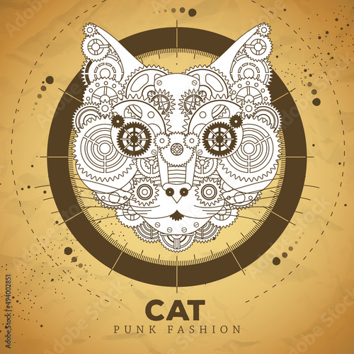 Cat face silhouette with gears on old paper texture background. Punk style. Vector illustration photo