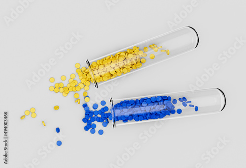 3d illustration of plastic granulates falling from a sample test tube isolated on a white background photo