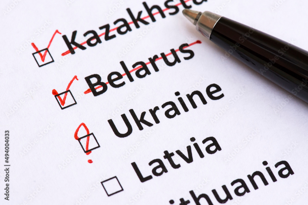 War in Europe, Ukraine. Checkboxes on white checklist against the names of countries captured by the Russian Federation. The threat of an invasion of the Baltic. War in Europe, Ukraine. Checkboxes on white checklist against the names of countries captured by the Russian Federation. The threat of an invasion of the Baltic.