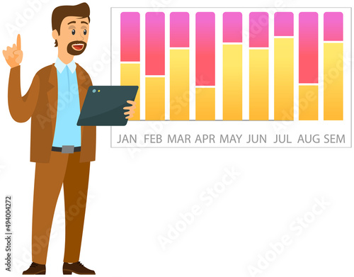 Analytics information and development statistics. Web analysis measure, product testing technology. Man analyses dashboard seo optimization, digital report. Statistical indicators and data on diagram