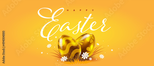 Vector holiday illustration with chocolate eggs and flower. Happy easter template design with decorative golden egg for greeting card, banner on color background