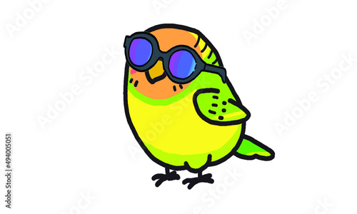 blue bird. yellow green orange with glasses