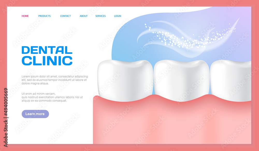 Dental clinic poster vector illustration. Advertising of hospital for teeth treatment. Medical services for installation of dental implant. Human gum with healthy teeth and denture on dentistry banner