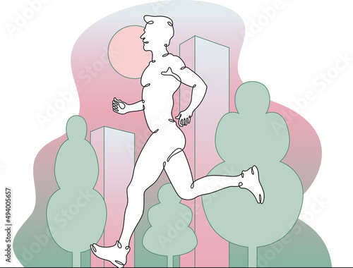One continuous line. Athlete runner on a run. Jogging on a city background. Sports in the city. A man runs in nature.Continuous art line drawing isolated white background.Flat design.