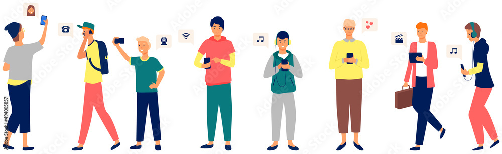 Global data sharing concept of young people using mobile smartphone to share posts and news in social networks. Man and woman holds smart phone to make repost of video news, listening to music
