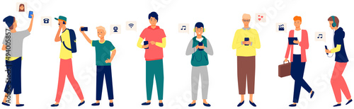 Global data sharing concept of young people using mobile smartphone to share posts and news in social networks. Man and woman holds smart phone to make repost of video news, listening to music