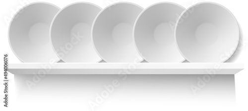 Round white plates on wooden shelf for utensil. Kitchen stuff for cooking and serving food, breakfast, lunch and dinner. Vector illustration in flat style, shelving concept on white background