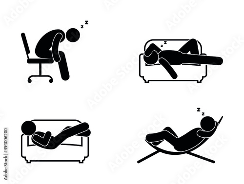 sleeping person icon collection, rest isolated pictogram, people fell asleep in different poses