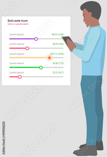 Analytics information and development statistics. Web analysis measure, product testing technology. Man analyses dashboard seo optimization, digital report. Statistical indicators and data on diagram