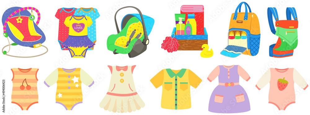 Fototapeta premium Baby care objects, newborn items supplies, set of icons. Objects for convenient pastime with child. Clothing for children, jumpsuit, dress, bodysuit near developing toys, items for baby, little child
