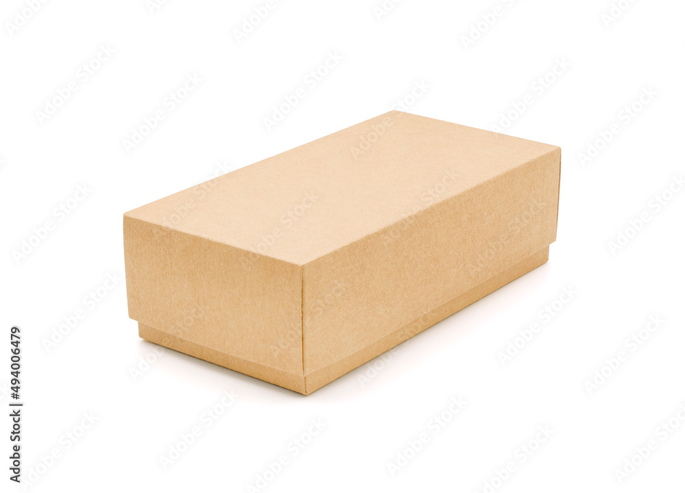 Brown cardboard box isolated on white background with tape. Suitable for packaging.
