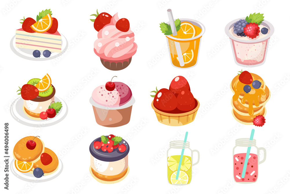 Fototapeta premium Cupcake set.sweet and drinks elements.