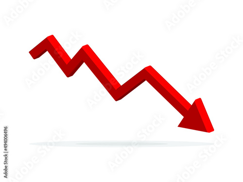 Red arrow going down stock icon on white background. flat style. Bankruptcy, financial market crash icon for your web site design, logo, app, UI. graph chart downtrend symbol. chart going down sign.	
