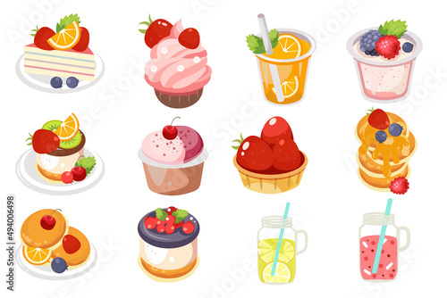 Cupcake set.sweet and drinks elements.