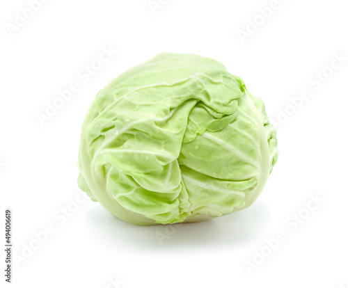 Fresh cabbage with droplets of water isolated on white background.