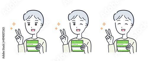 通帳を持ってピースをする男性のイラスト素材
