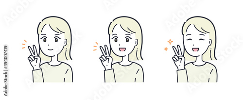 ピースサインをする女性のイラスト素材