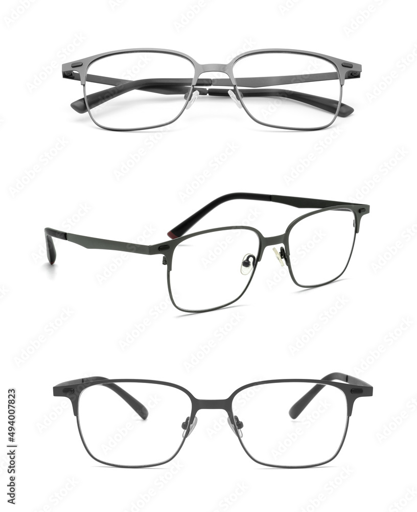 Set of eyeglasses isolated on white background. Handmade eyewear spectacles with shiny stainless frames for reading daily life to a person with visual impairment. Set of eyeglasses isolated on white background. Handmade eyewear spectacles with shiny stainless frames for reading daily life to a person with visual impairment.