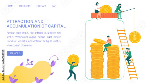 People saving coins, investments in jar. Attraction and accumulation of capital concept. Man and woman catching dollars, hoarding pennies. Website or webpage template, landing page in flat style