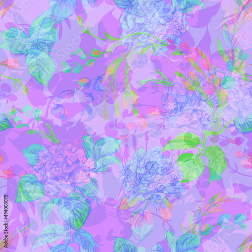 multicolored bright seamless pattern with mix silhouettes of buds and flowers