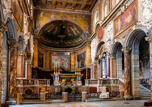 Main nave and apse of St. Marc Evangelist Basilica, San Marco Evangelista al Campidoglio at Venice Square Piazza Venezia in historic center of Rome in Italy photo