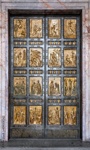 Holy Door - Porta Sancta - by Vico Consorti symbolic bronze entrance to St. Peter Basilica San Pietro in Vatican city district of Rome in Italy