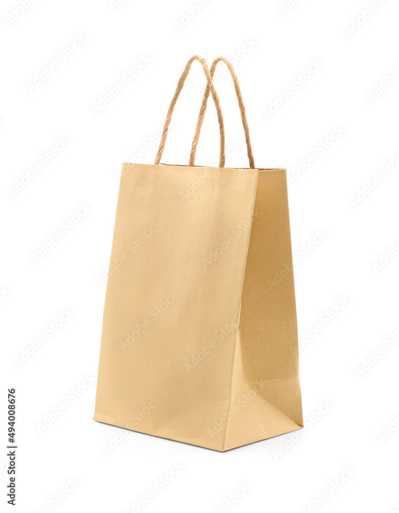 Recycled craft paper shopping bag isolated on white background. Recycled craft paper shopping bag isolated on white background.