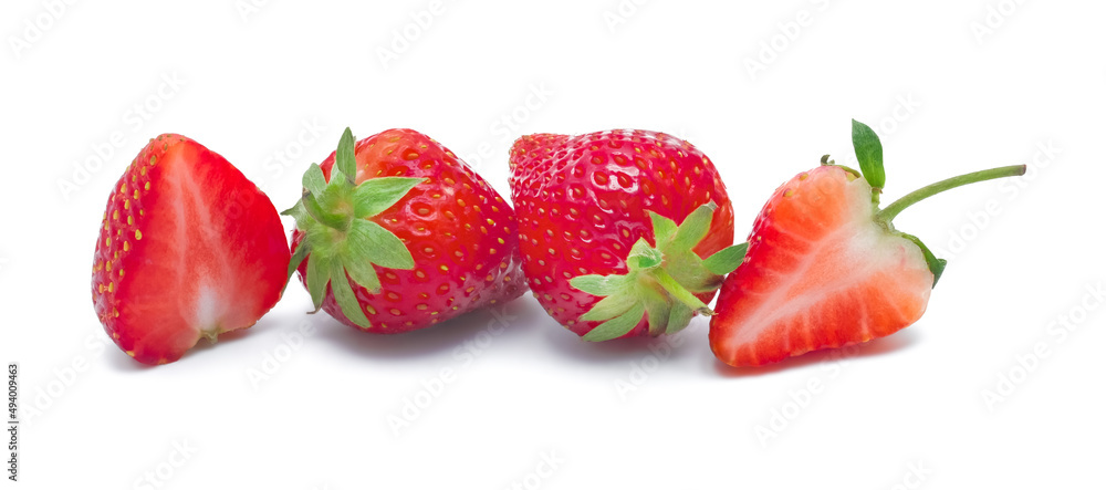 Fresh red ripe strawberries with leaf isolated on white background. Fresh red ripe strawberries with leaf isolated on white background.