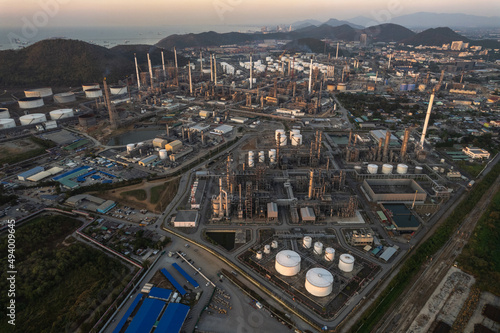 Petrochemical plant, oil refinery factory with cold light.
