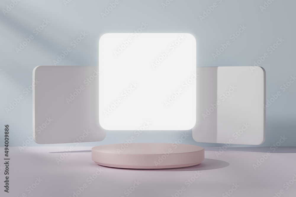 Plastic podium for product presentation in white square light decorated background with sunshine and shadow. Minimal geometric shape. 3d rendering illustration. Plastic podium for product presentation in white square light decorated background with sunshine and shadow. Minimal geometric shape. 3d rendering illustration.