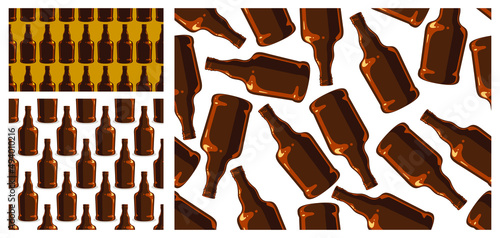 Alcohol bottles seamless vector background set, endless wallpaper with whiskey bottles, cognac or gin empty glasses texture collection.