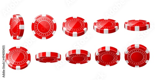 Realistic casino chips. Red 3D gambling tokens. Different view angles. Jackpot and win bets. Gaming coins for playing roulette or poker. Vector fortune games plastic accessories set