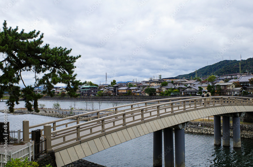 宇治川と橘橋の向こう岸の日本家屋の町並