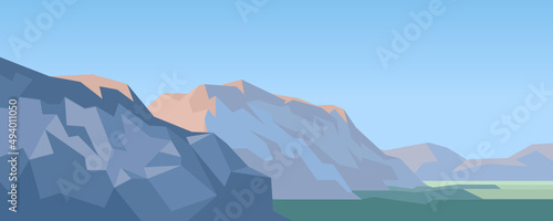 Morning in the mountains.  Blue hills landscape. Winter pink morning panoramic background. Cover on the theme of mountains.	