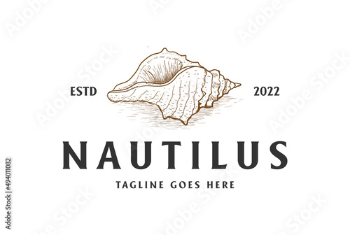 Retro Vintage Hand Draw Sketch Ocean Seashell Nautilus Logo Design Vector