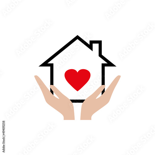 Hands holding house with heart icon, line sign on white background