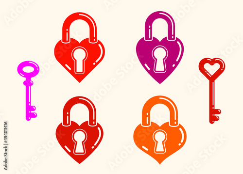 Heart shaped padlocks vector logos or icons set, locks and turnkeys love theme in a shape of hearts open or closed emotions, secret feelings concept, Valentine theme.